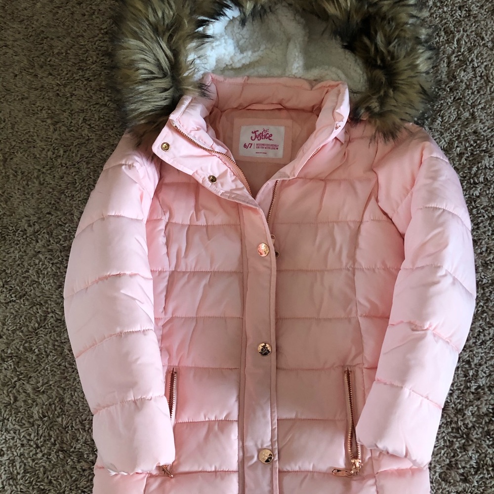 Pink fur trimmed girls coat from Justice
